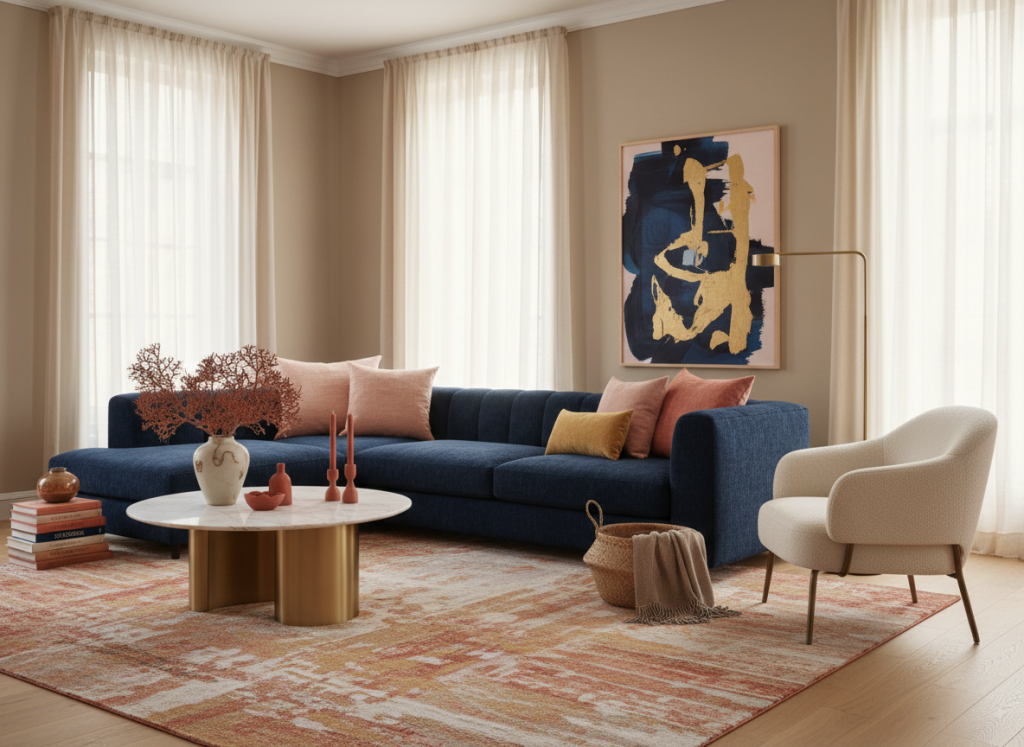 Palette of the Week #3 – Navy blue combineren met coral, blush pink, mustard yellow, gold en terracotta